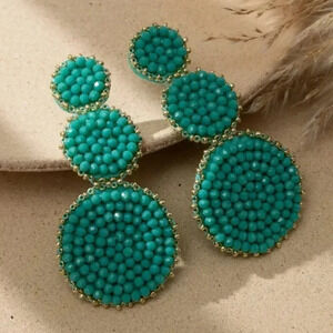 Green and Gold Beaded large Statement Earrings - NEW